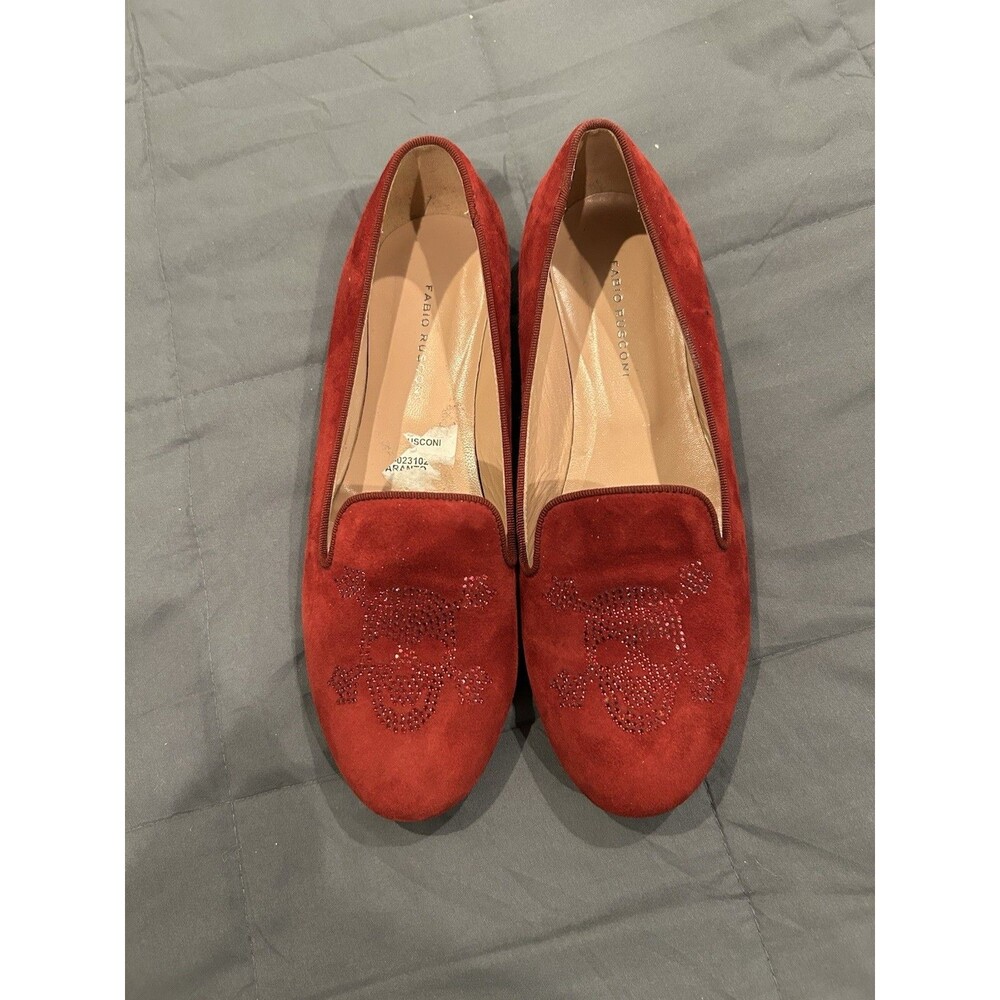 Fabio Rusconi Red Suede Flats With Crystal Skull Accents Size 39/8.5